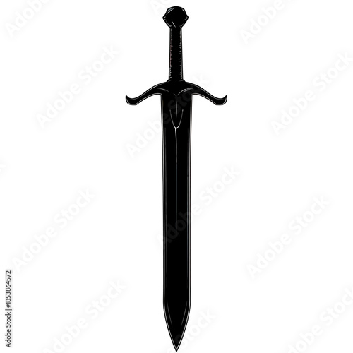 Black silhouette medieval sword with detailed hilt and straight double-edged blade isolated on white background vector illustration for weapon design and fantasy concept