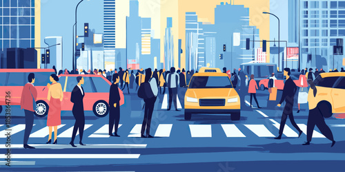 Crowded city street with diverse pedestrians crossing busy intersection alongside yellow taxis and urban skyscrapers in flat minimalist vector style
