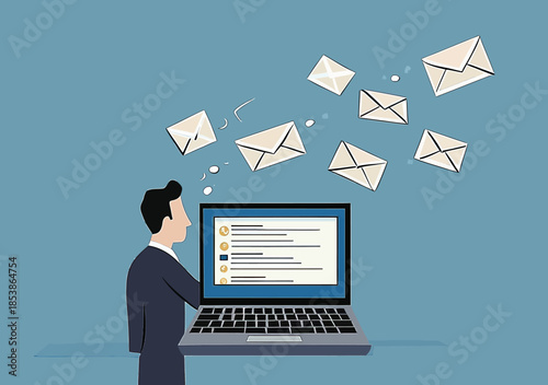 Businessman using laptop sending multiple email envelopes digital marketing concept flat vector illustration with blue background and minimal design
