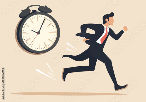 Businessman running to beat clock time alarm symbolizing urgency, stress, deadline pressure, and work rush in flat vector style illustration