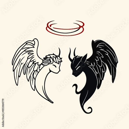 Stylized black and white angel and devil heads with wings and red halo hand drawn minimalist vector illustration contrasting good and evil concepts