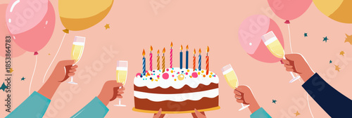 Hands holding birthday cake with lit candles and raised champagne glasses celebrating party with colorful balloons and confetti flat vector illustration