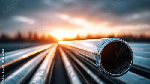 Shiny metal pipes stretch towards the sunset, creating a sense of industrial beauty