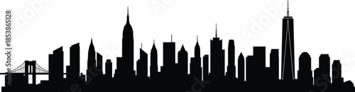 City skyline silhouette with bridge and skyscrapers, black urban cityscape illustration on white background, modern architecture design vector art