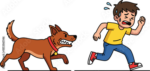 Cartoon angry dog chasing scared running boy illustration, danger situation concept, funny animal attack scene, child safety awareness graphic artwork