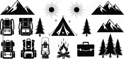 Collection of camping and hiking icons including mountains, backpacks, pine trees, tent, campfire, lantern, and sun symbols for outdoor adventure designs
