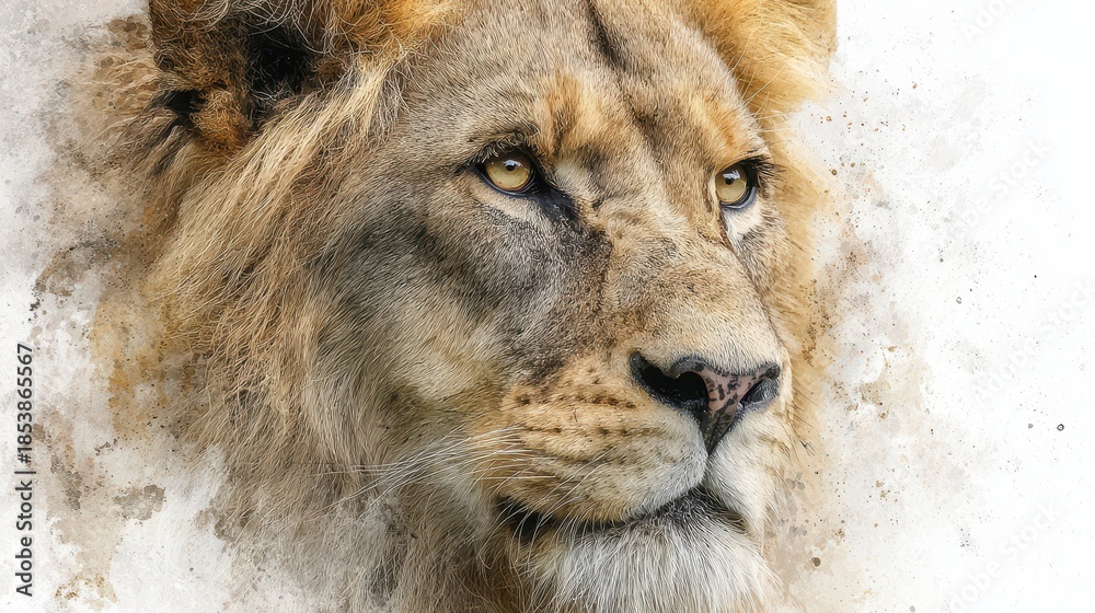 Obraz premium Aquarelle Portrait of a Lion: A Close-up Depiction of Wildlife in Watercolor Harmony