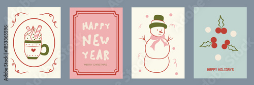 Hand drawn la dolce vita Christmas doodles. Vector illustration cards icon with drink and ornament. Minimalist winter xmas line art for invitations, stationery, printables, social media, wall art.