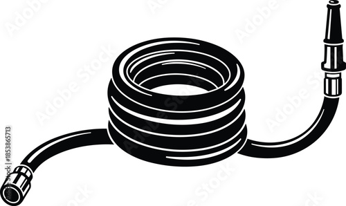 Coiled garden hose with connectors, flexible water hose, outdoor watering equipment, gardening tool, irrigation hose, yard maintenance, lawn care, hosepipe for gardening.