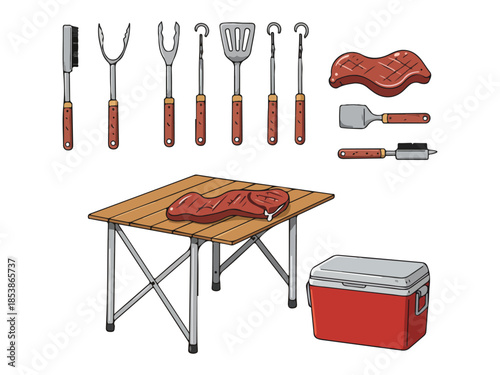Grilling Tools and Meat on Folding Table Setup for BBQ