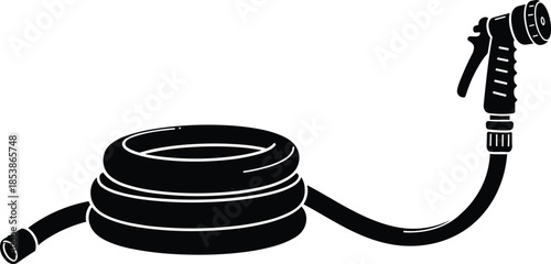 Coiled garden hose with spray nozzle, flexible water hose, outdoor watering equipment, hosepipe with trigger spray, lawn care, garden irrigation, yard maintenance, gardening supplies.