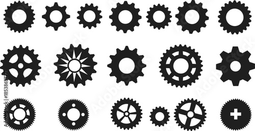 Collection of 18 black gear icons, mechanical cogwheels, industrial machinery parts, technology symbols, vector illustrations, isolated on white background