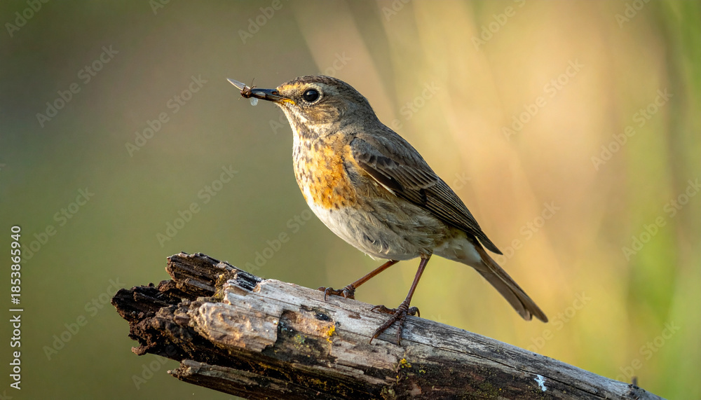 Fototapeta premium Cinematic wildlife photo of small bird with brown and white feathers perched on driftwood near riverbank, holding insect in its beak, natural light, serene mood