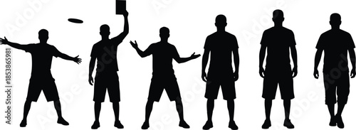 Group of male silhouettes in casual clothing, standing poses, playing frisbee, and gesturing, isolated vector illustration for graphic design projects.