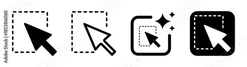 Cursor icon illustration with arrow pointer and selection square with dashed lines on black transparent background in PNG vector format