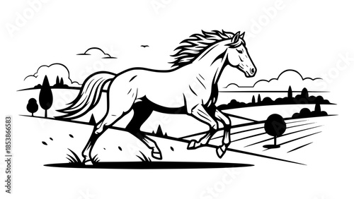 Flat vector illustration of horse running freely in nature, countryside landscape, freedom and strength concept, clean background