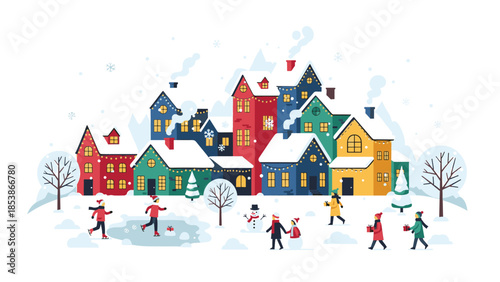 Winter Wonderland: Charming dwellings nestle under a blanket of fresh snow, their windows warmly lit, as playful children engage in winter games.