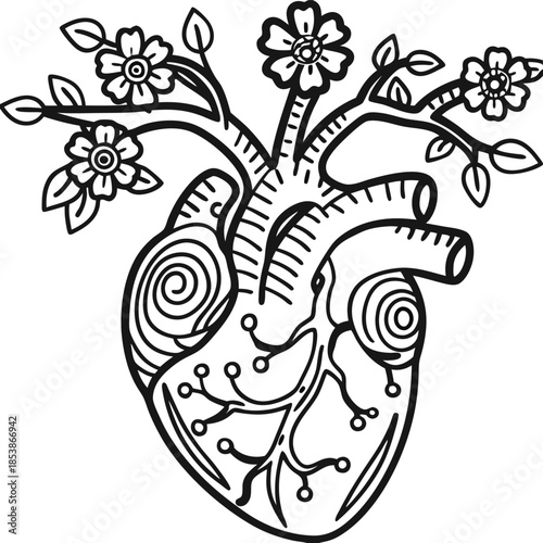 Blossoming anatomical heart illustration with blooming flowers, floral veins and branches symbolizing growth, love, life and emotional transformation