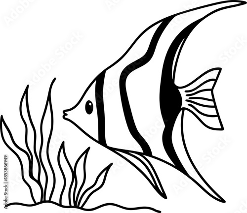 Elegant angelfish outline with striped body swimming near aquatic plants simple underwater scene line art for coloring and design projects