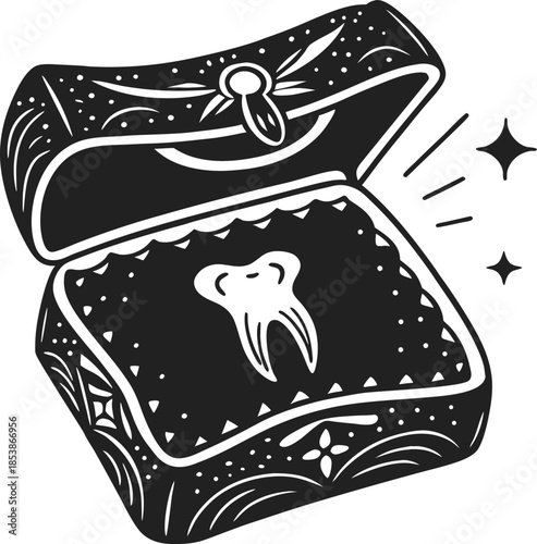 Tooth in ornate keepsake box childhood tooth fairy tradition, magical memory, sentimental treasure, fantasy charm illustration