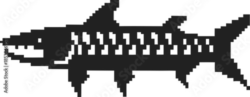 Barracuda pixel art silhouette retro 8 bit predatory fish icon, minimalist black aquatic animal design on white background