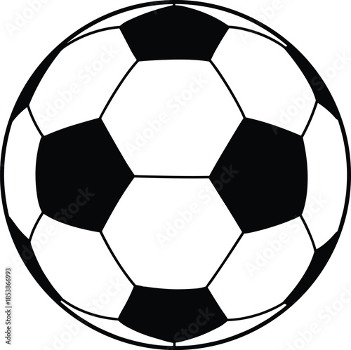 Classic black and white soccer ball illustration, sports equipment icon, football pattern design, isolated ball graphic, simple vector, team sport