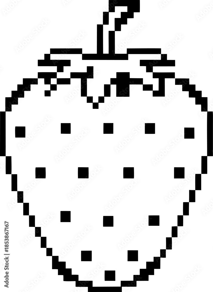Fototapeta premium pixel art strawberry icon minimalist black and white berry symbol, retro 8 bit fruit design, simple digital outline illustration