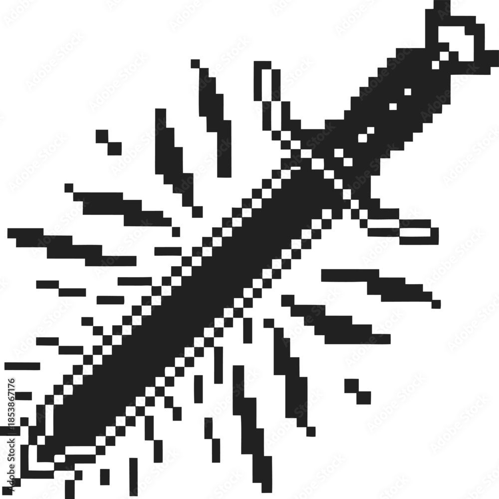 Fototapeta premium Retro pixel art sword icon with shining blade vintage 8 bit fantasy weapon symbol, minimalist monochrome digital game design