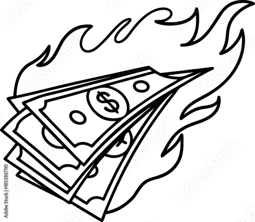 Burning money concept illustration of paper cash on fire symbolizing financial loss, inflation, debt, overspending and economic crisis