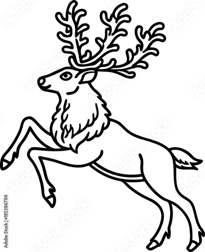 Rearing deer with ornate antlers outline stylized leaping stag illustration, wildlife animal contour for design and coloring pages