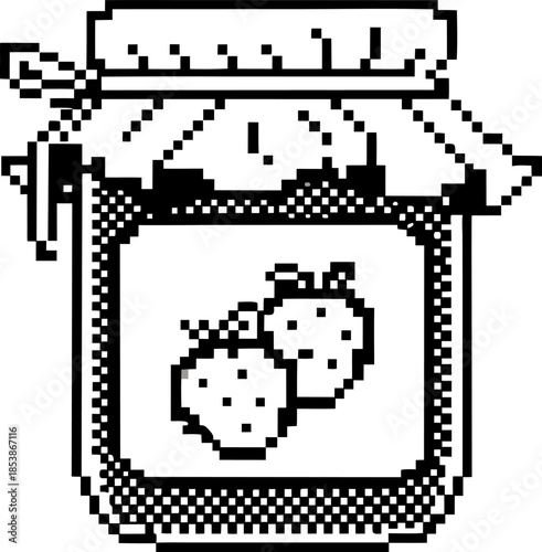 pixel art strawberry jam jar icon retro black and white pixelated food container illustration for vintage digital design and games