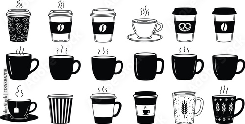 Collection of coffee cup icons, hot coffee mugs, takeaway cups, tea cups, steaming drinks, black and white vector illustration set