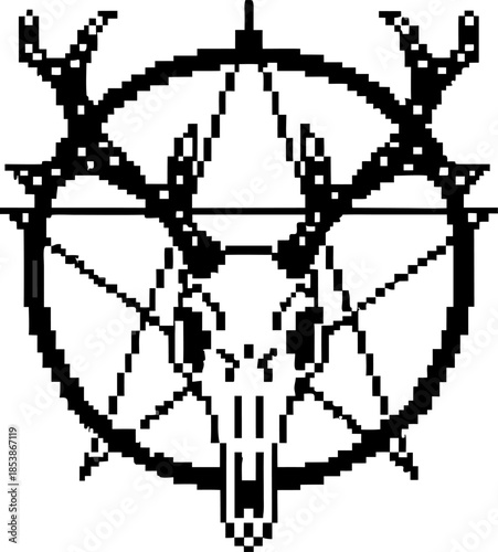 pixel art deer skull with antlers and occult pentagram symbol monochrome satanic emblem, dark esoteric gothic illustration