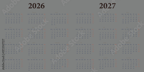 Calendar 2026-2027, calendar 2027 week start Sunday corporate design planner template 2026 Calendar Planner Set of Template grid Monthly Page with Note, Cover with Place for Photo Company Logo, Annual