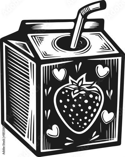 strawberry juice box with straw and decorative hearts icon in retro monochrome carton drink illustration