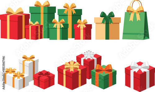 Collection of colorful Christmas gift boxes with bows, ribbons and bags, festive holiday presents set in flat design illustration