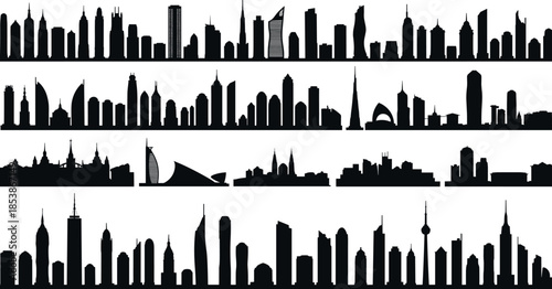 City skyline silhouettes collection, modern urban architecture, famous landmark outlines, skyscraper cityscape design, metropolitan building horizon, travel tourism vector art illustration