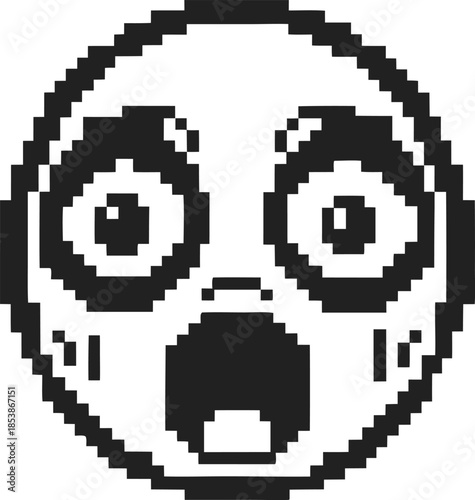 Shocked pixel emoji face with wide open mouth and eyes retro 8 bit emoticon expressing surprise, fear, disbelief and intense reaction