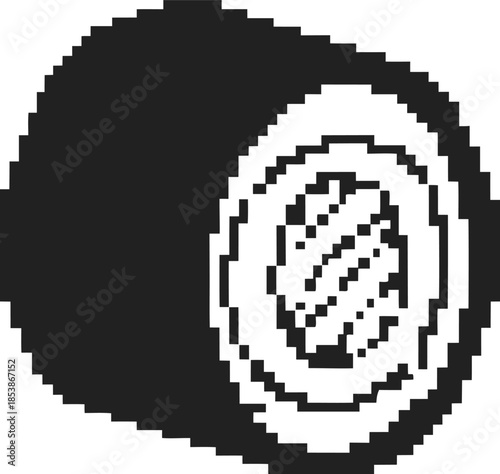Pixel art sushi roll icon in minimalist retro black and white japanese cuisine symbol, isolated seafood illustration for games