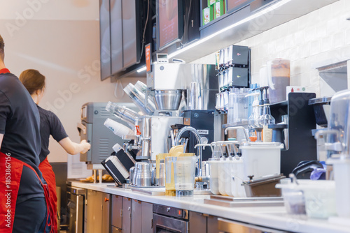 Photos Horizontal wide angle eye level shot of a clean and organized coffee shop prep a