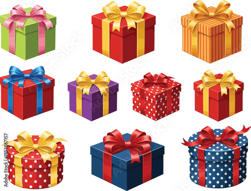 Collection of colorful gift boxes with ribbons and bows, festive wrapped presents for celebration, holiday decoration, birthday, Christmas, and party design