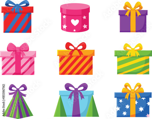 Collection of colorful vector gift boxes with bows and ribbons for birthday christmas and holiday celebration design isolated on white.
