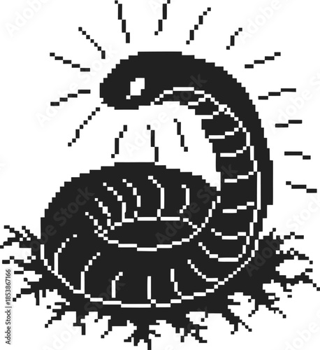 Coiled pixel serpent emerging from cracked ground retro black snake icon with radiant lines, vintage digital reptile illustration