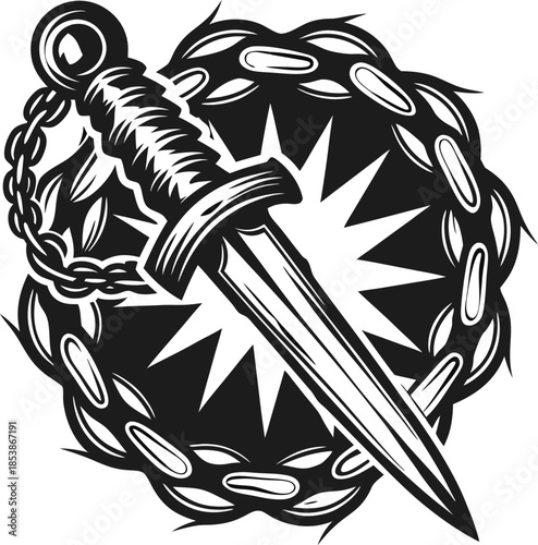 Dagger piercing explosive starburst inside ornamental chain circle, bold monochrome emblem of aggression, danger, risk and protection