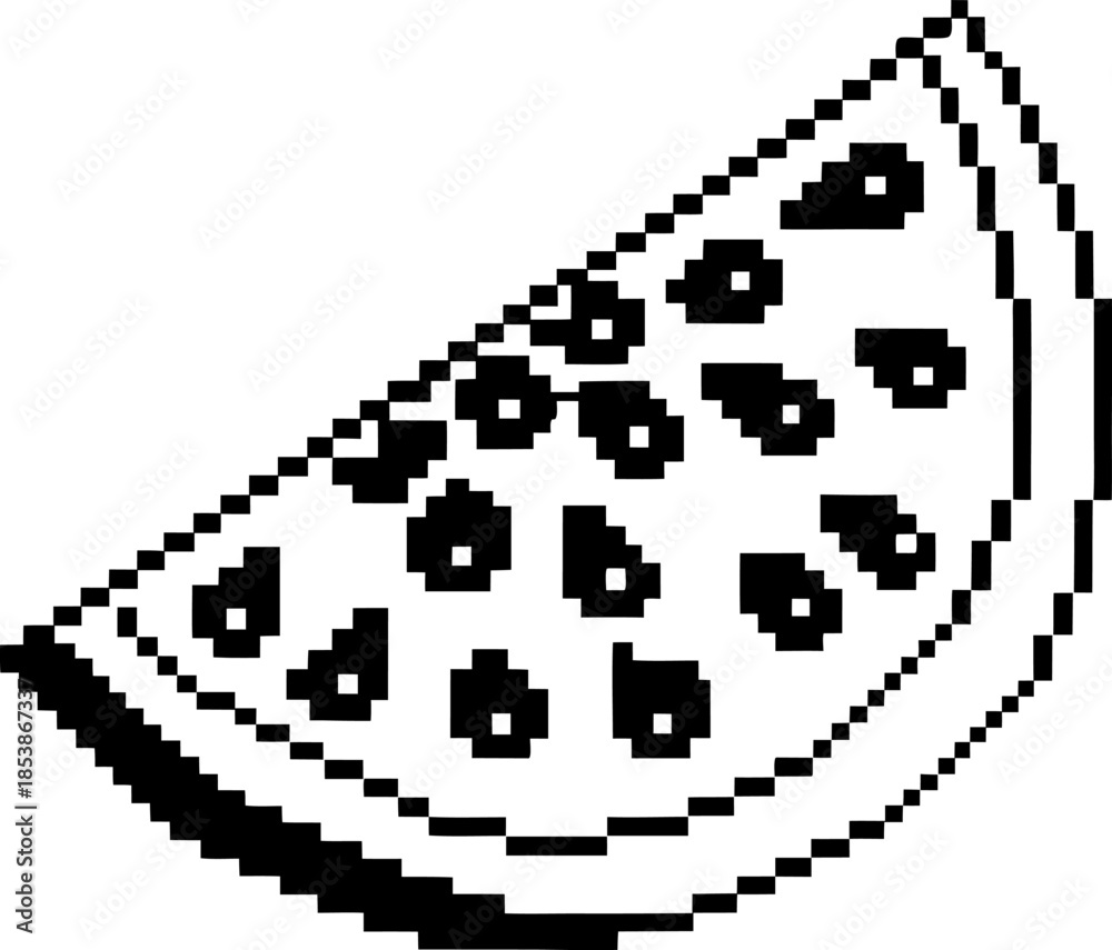 Fototapeta premium Pixel art watermelon slice illustration with seeds retro digital fruit icon in black and white minimal 8 bit summer design