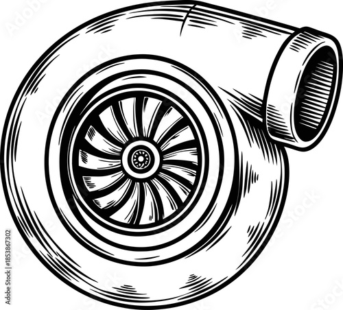 Turbocharger compressor turbine illustration in vintage engraving style, mechanical automotive performance engine component design