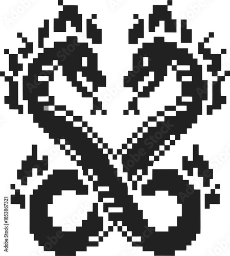 pixel art twin dragons forming heart shape retro symmetrical mythical serpent emblem, black and white fantasy creature icon design