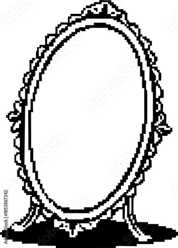 Vintage oval standing mirror in minimalist pixel art style, decorative ornate frame isolated on white background illustration