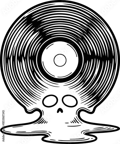 Melting vinyl record with skull face drips downward in surreal monochrome illustration, symbolizing music obsession and dark alternative culture