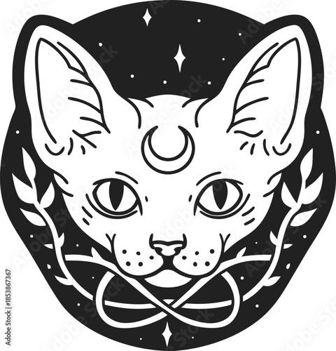Mystical sphynx cat head with crescent moon symbol and laurel branches on celestial night sky background in monochrome tattoo